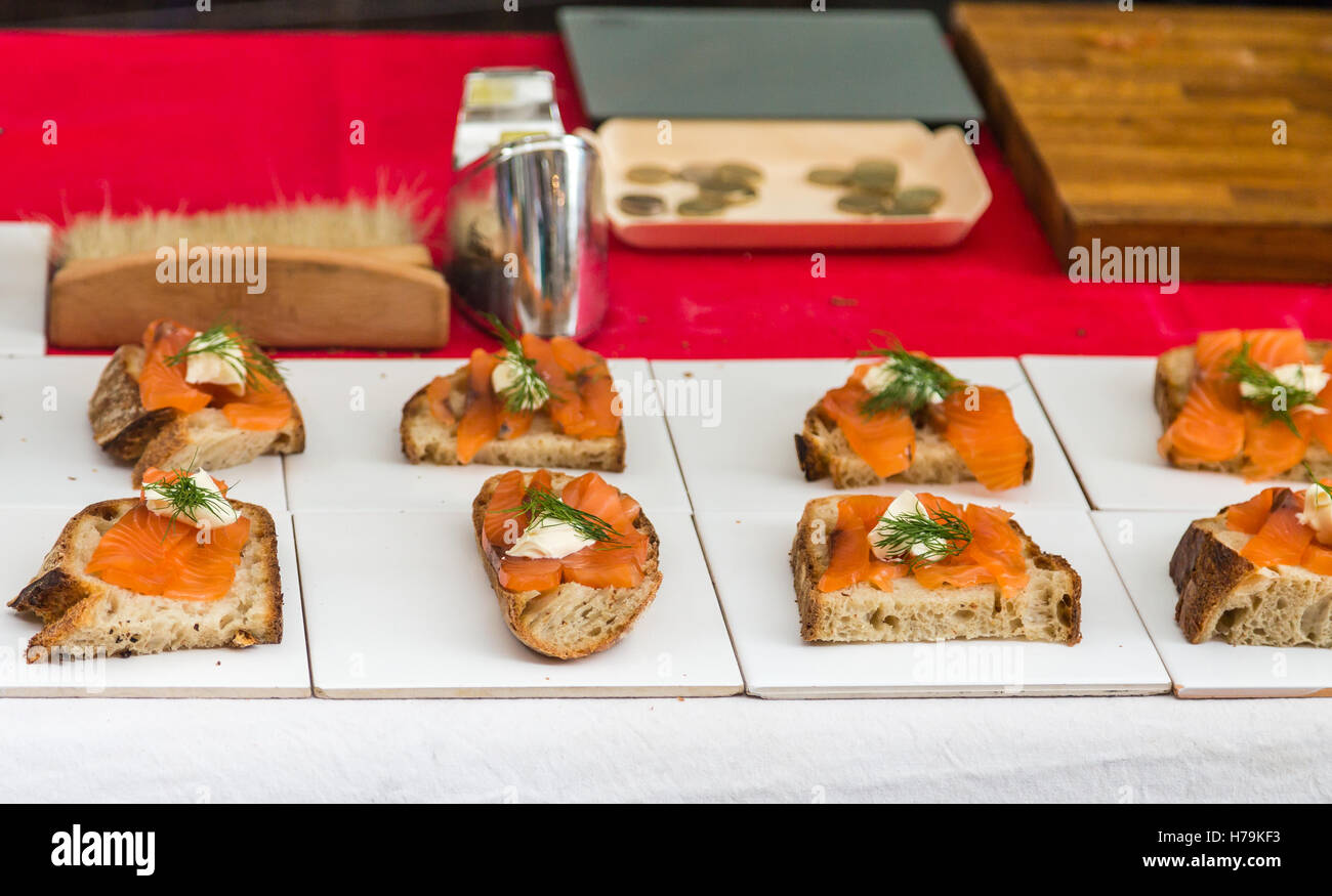 Salmon on Toast with Cream Cheese and Dill Stock Photo