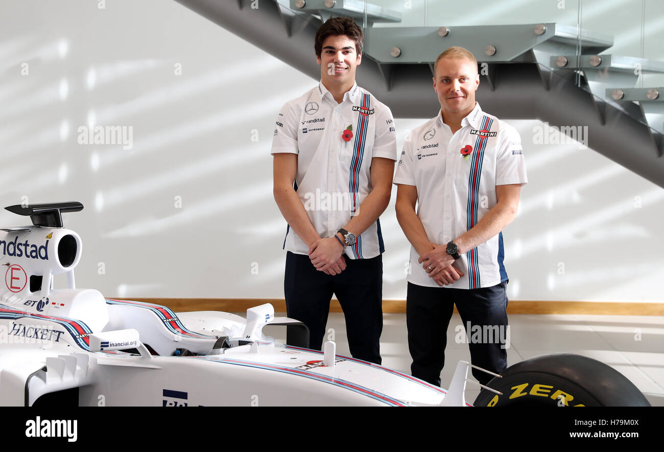Williams driver for 2017 Lance Stroll (left) with Valtteri Bottas during the 2017 Formula One driver line-up at Williams headquarters in Grove, Oxfordshire. Stock Photo
