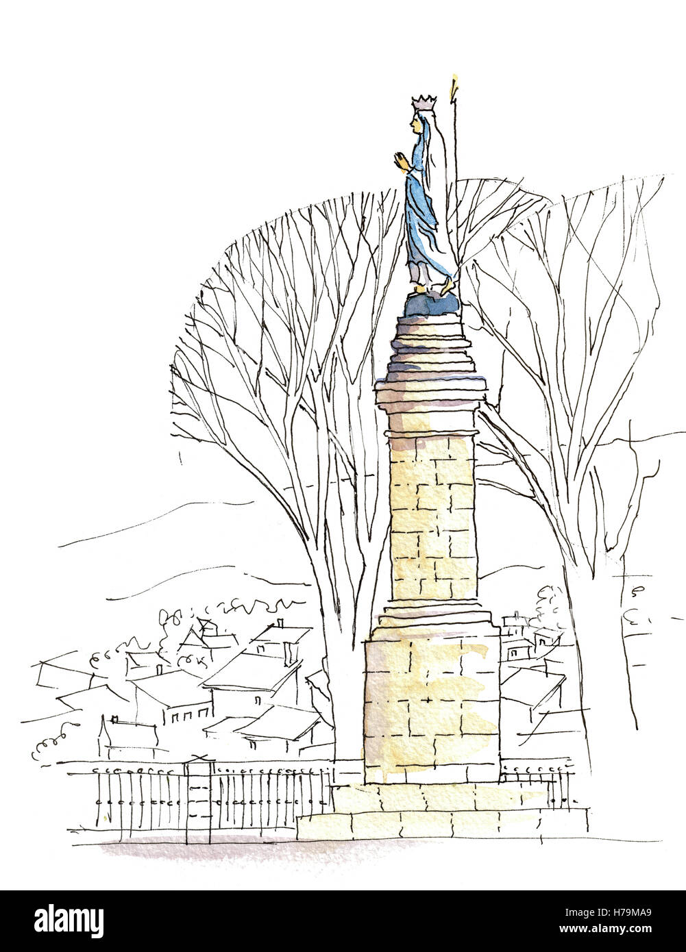 Watercolor Painting of Saint Mary on a column in a Park Stock Photo