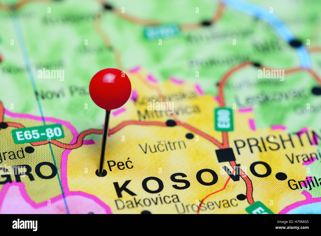 Pec pinned on a map of Kosovo Stock Photo