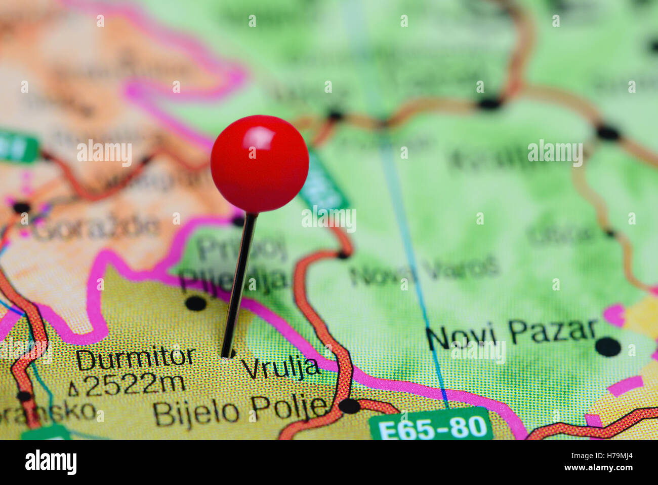 Vrulja pinned on a map of Montenegro Stock Photo