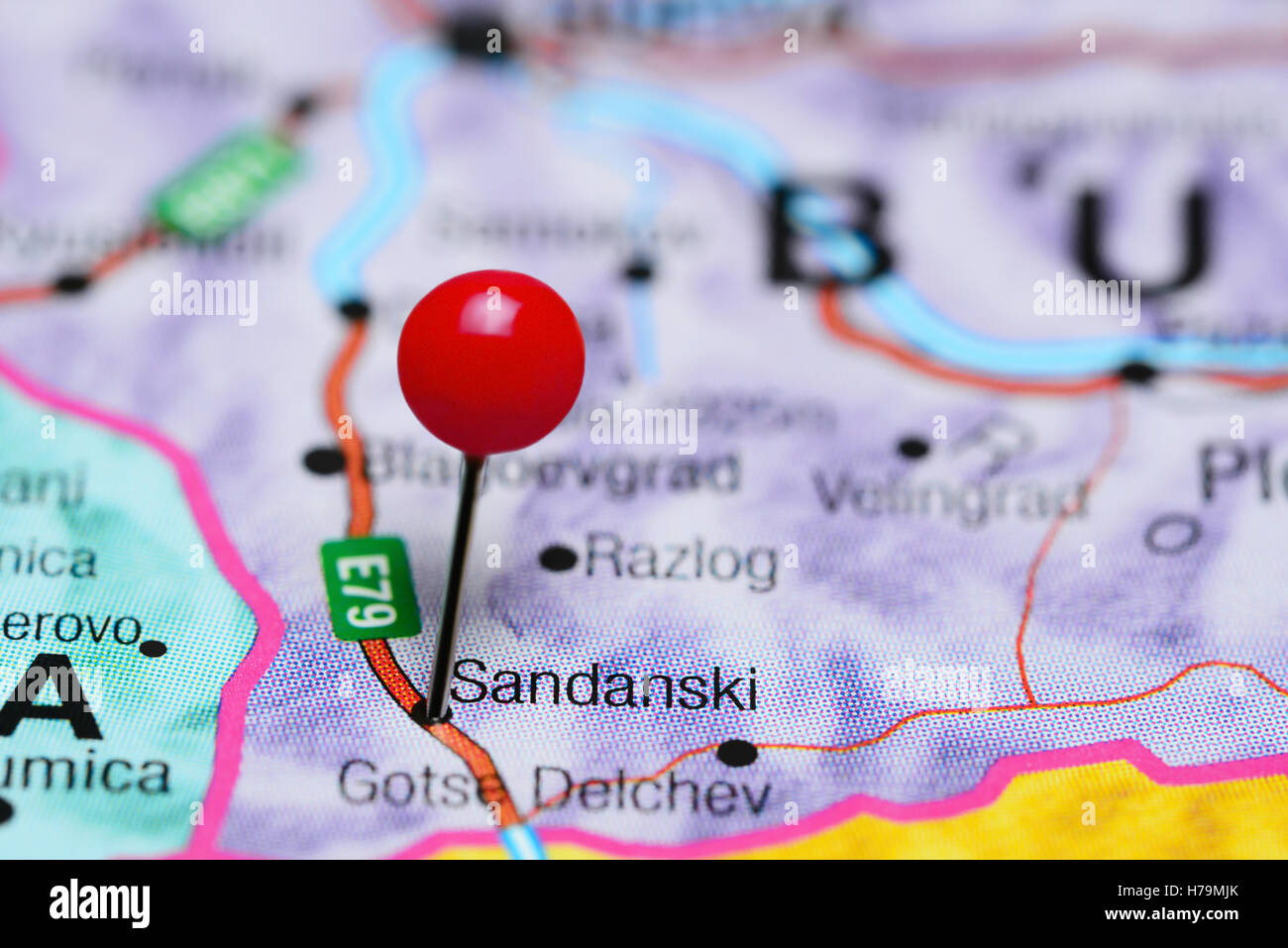 Sandanski pinned on a map of Bulgaria Stock Photo