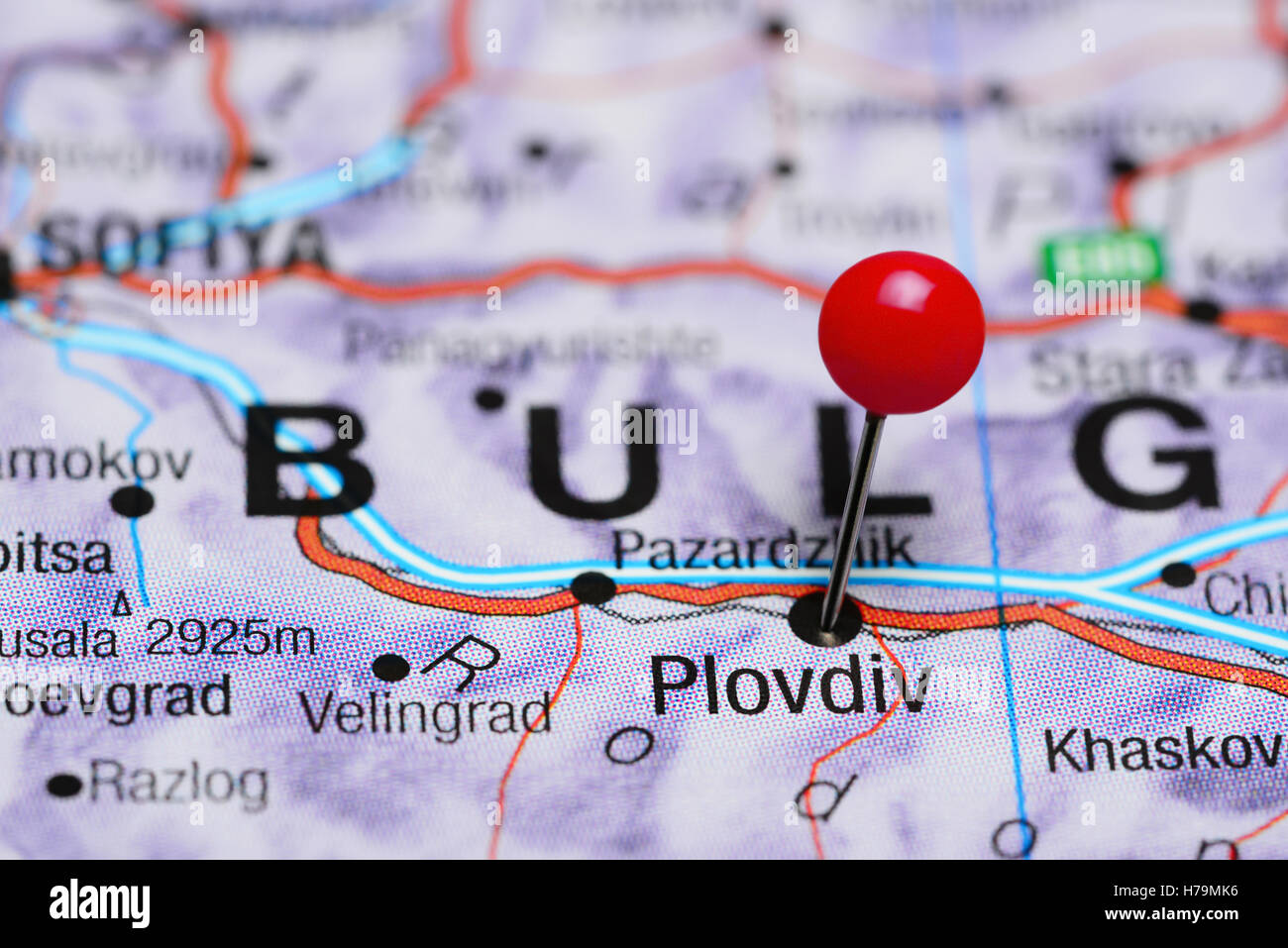 Plovdiv pinned on a map of Bulgaria Stock Photo