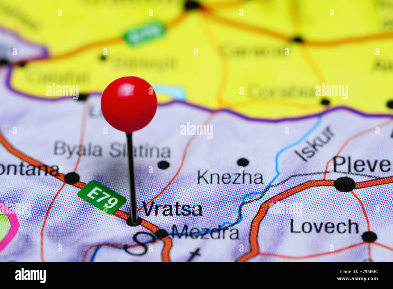Vratsa pinned on a map of Bulgaria Stock Photo