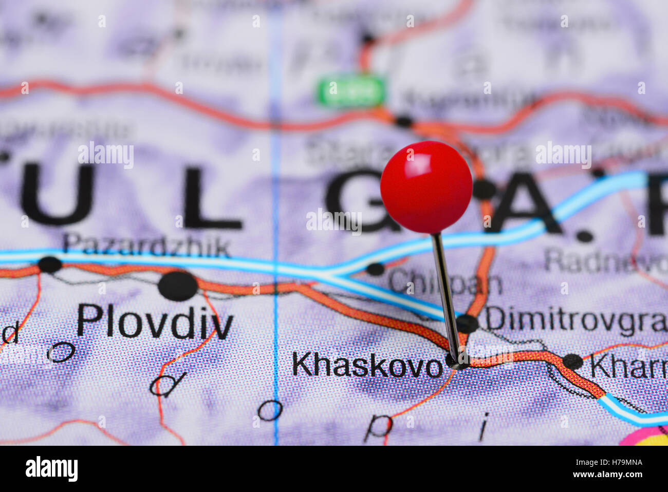 Khaskovo pinned on a map of Bulgaria Stock Photo