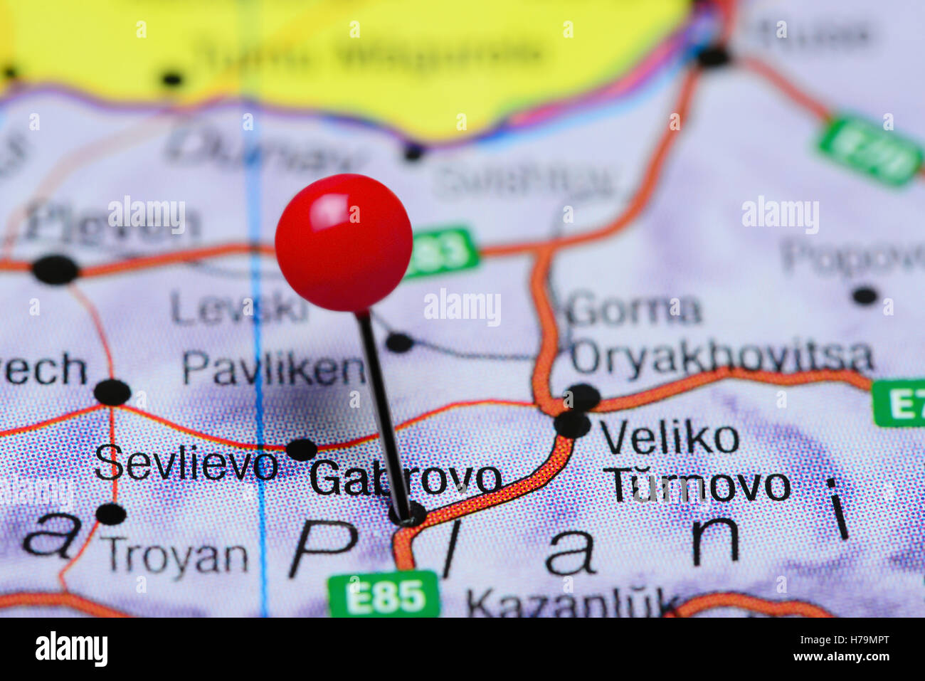 Gabrovo pinned on a map of Bulgaria Stock Photo