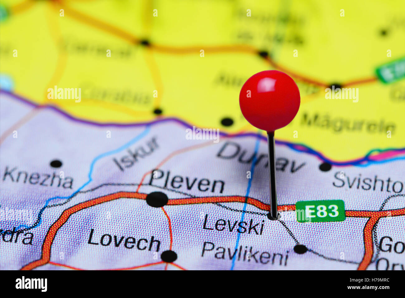 Levski pinned on a map of Bulgaria Stock Photo