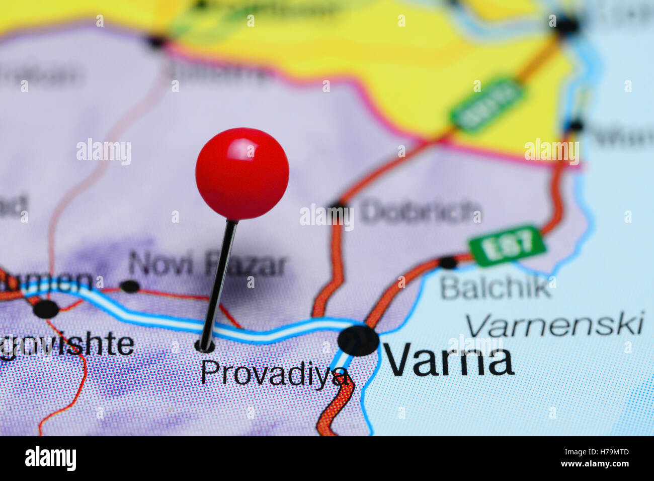 Provadiya pinned on a map of Bulgaria Stock Photo