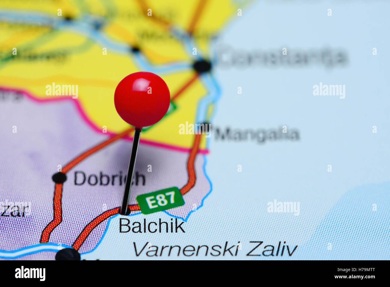 Balchik pinned on a map of Bulgaria Stock Photo