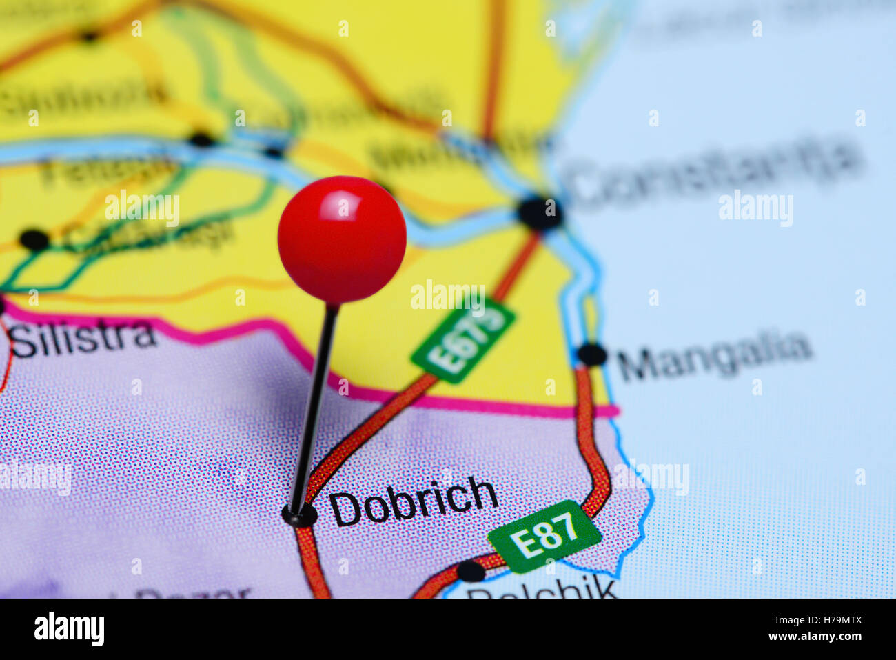 Dobrich pinned on a map of Bulgaria Stock Photo