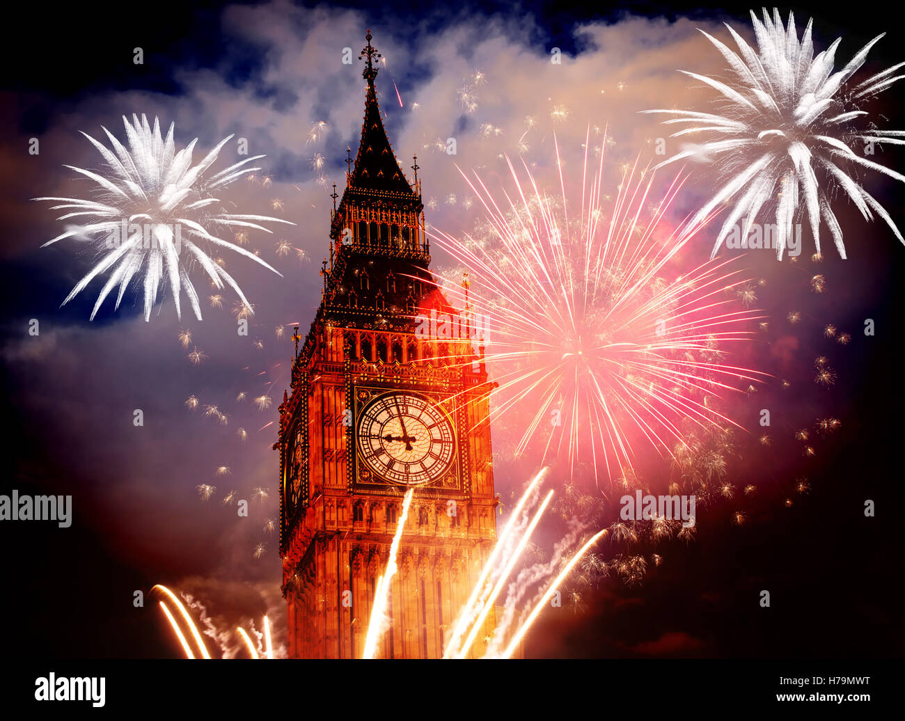 explosive fireworks around Big Ben. New Year's Eve celebration