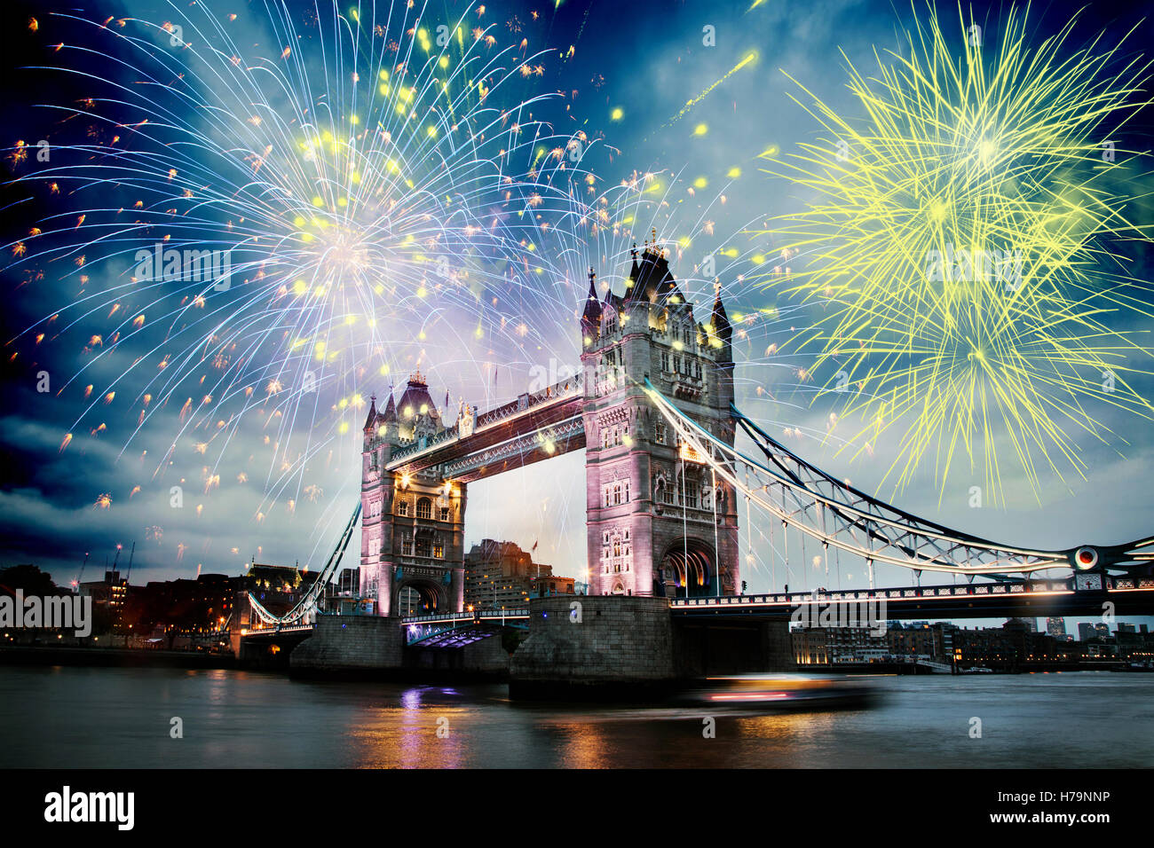 fireworks over the River Thames in London celebrating New Year in the