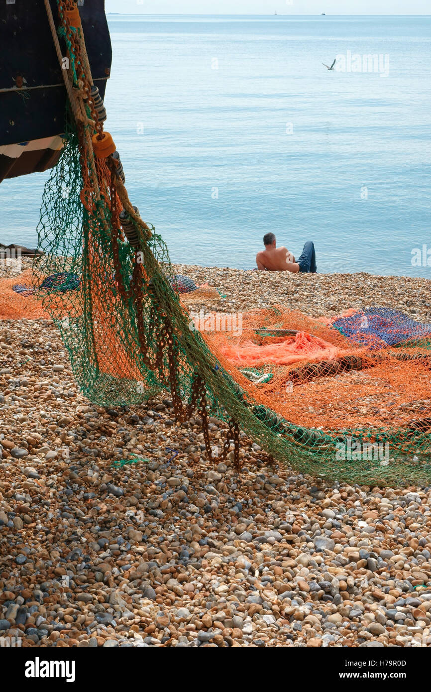 Fishing nets on Hastings stade fishermen's beach, East Sussex, England, UK Stock Photo