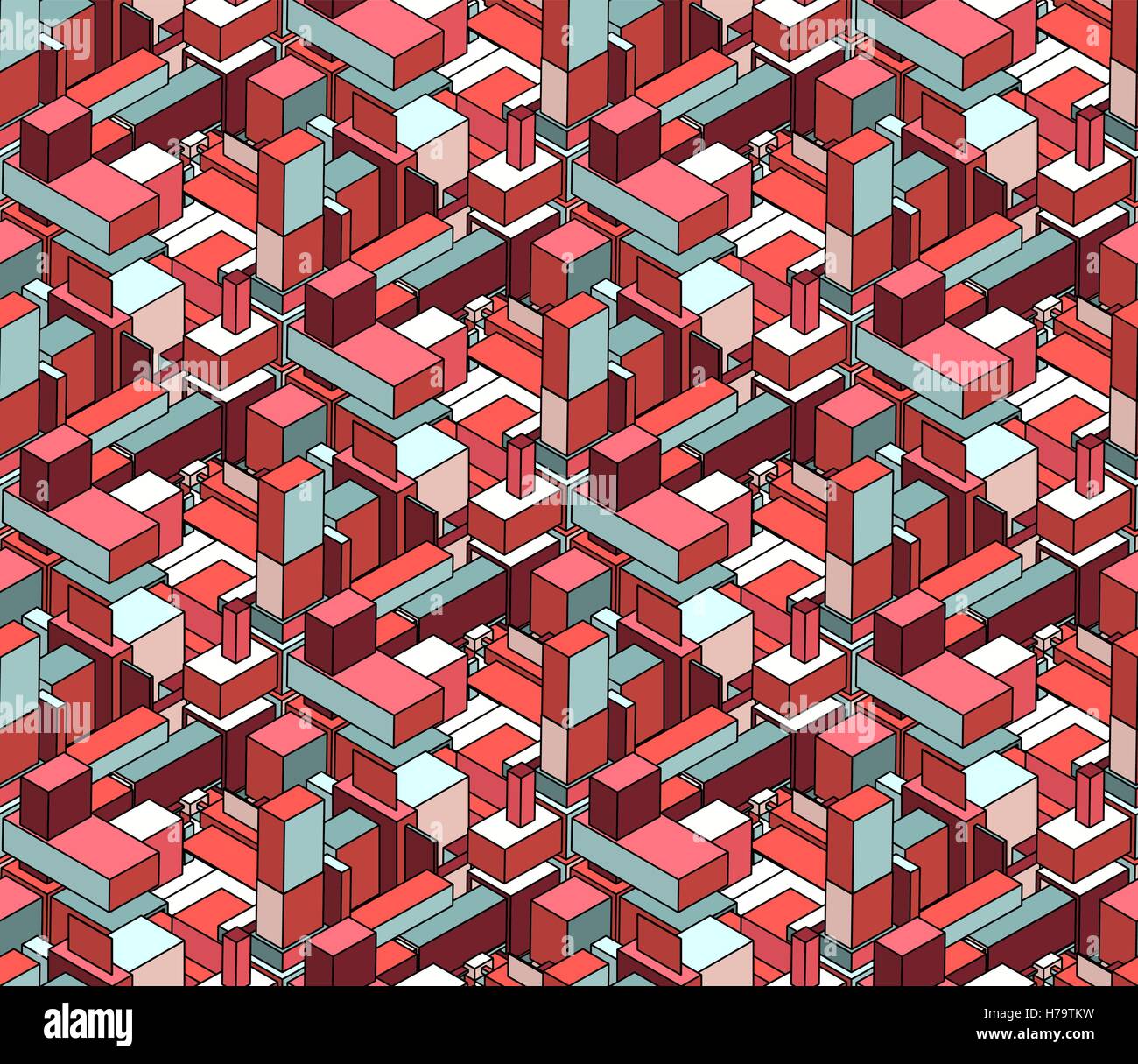 Vector Seamless Isometric Blocks Cubic City Composition Pattern in Pink and Blue Stock Vector