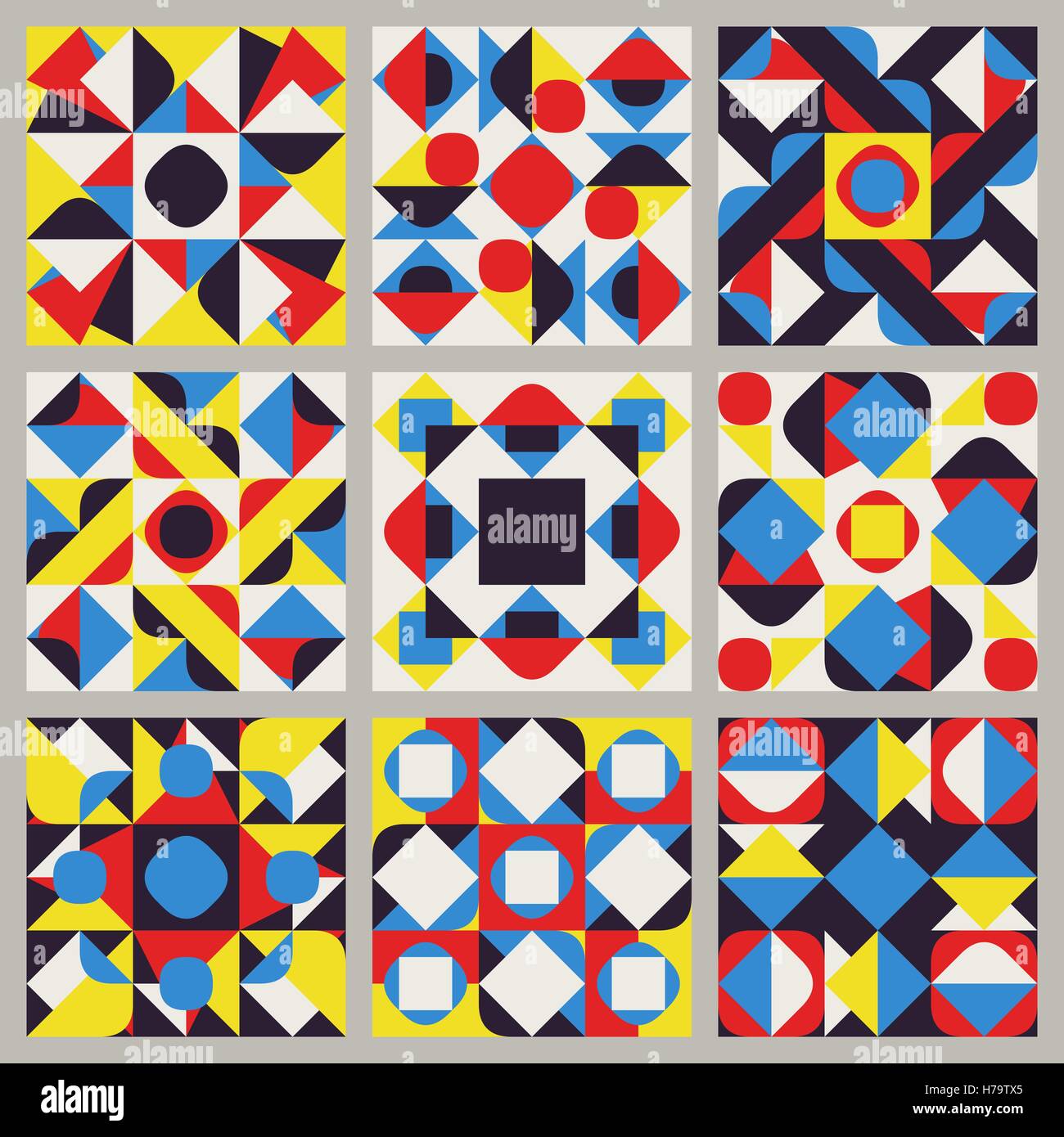 Set of Nine Vector Seamless Blue Red Yellow White Color Retro Geometric ...