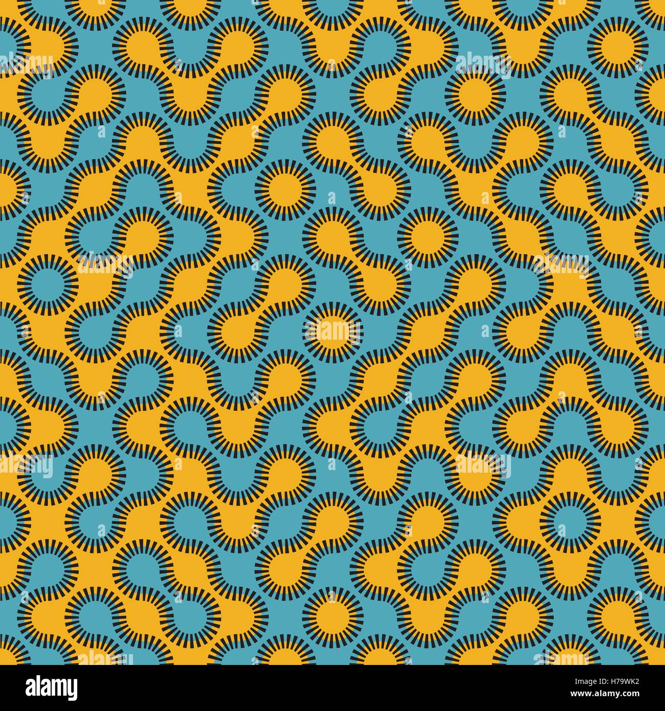 Vector Seamless Blue and Yellow Rounded Circle Maze Dashed Line Truchet Pattern Stock Vector
