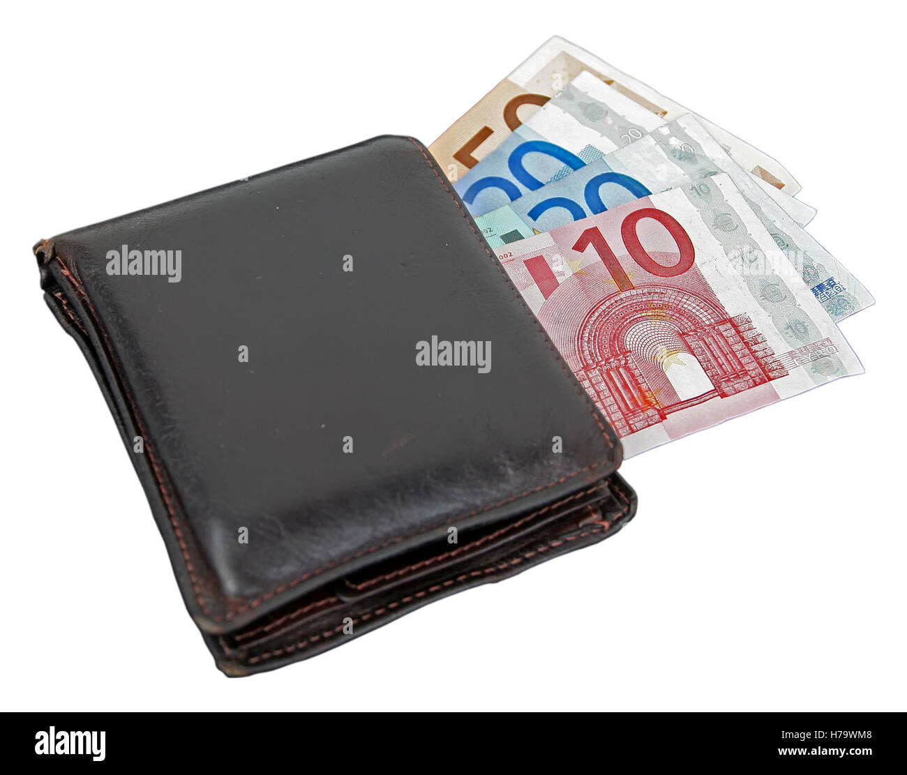 Brown leather wallet with Euro banknotes. Stock Photo