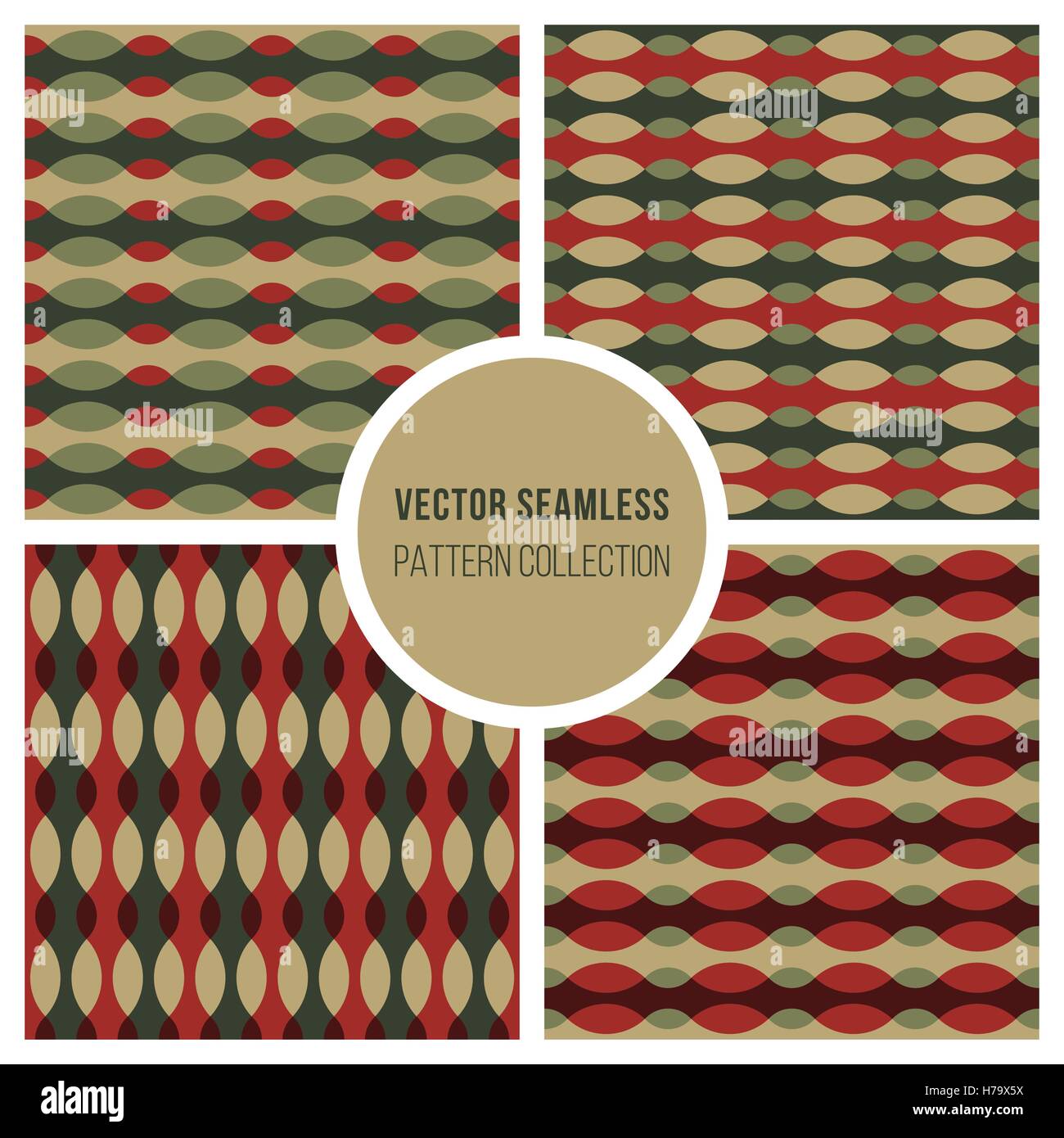 Set Of Four Vector Wavy Line Ellipse Retro Patterns In Green And Red Stock Vector