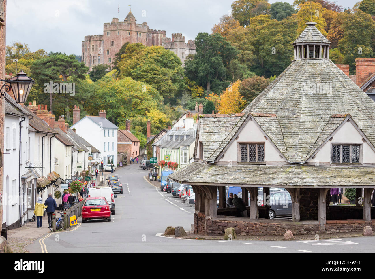 The High Street of Dunster village and Yarn Market overlooked by