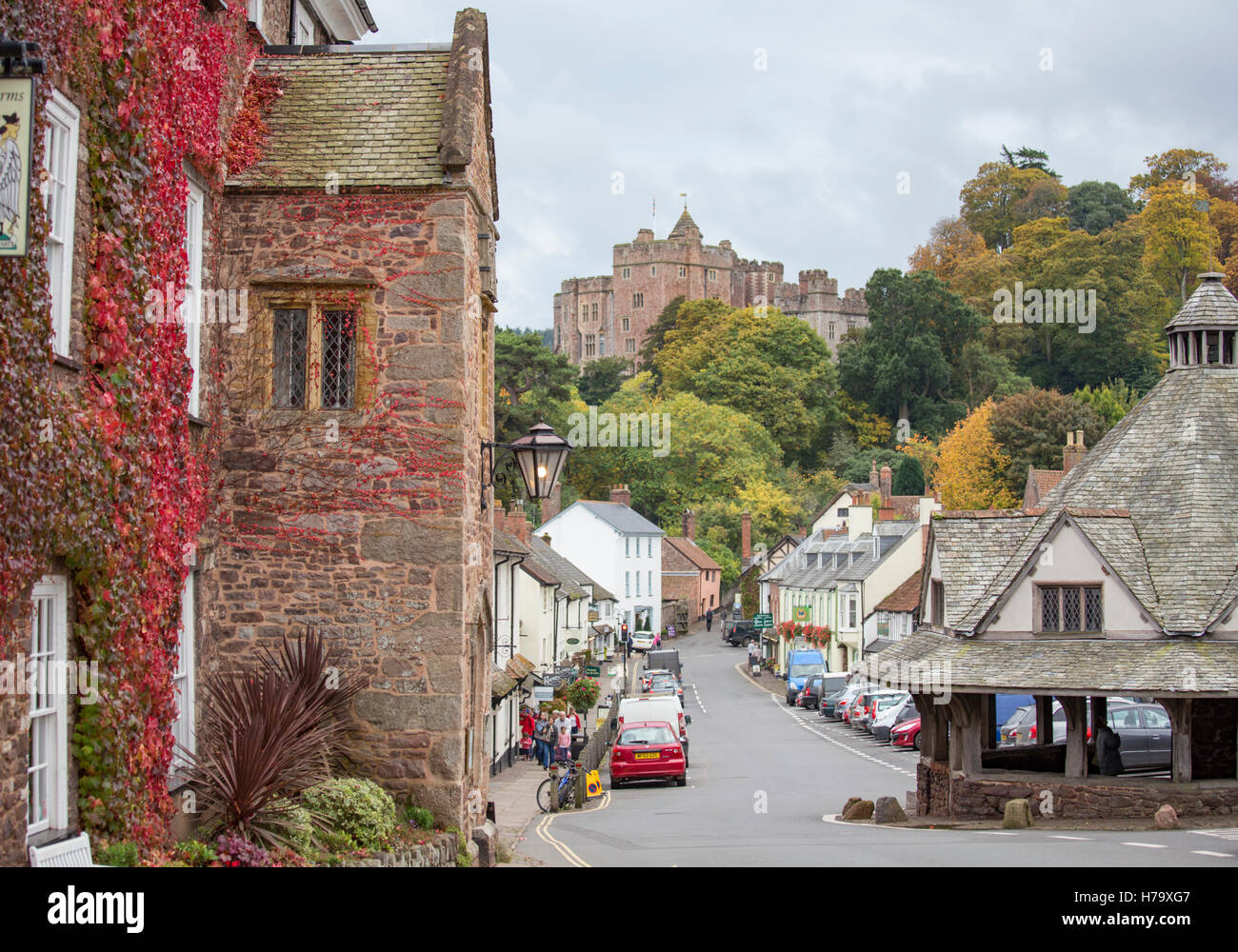 The High Street of Dunster village and Yarn Market overlooked by