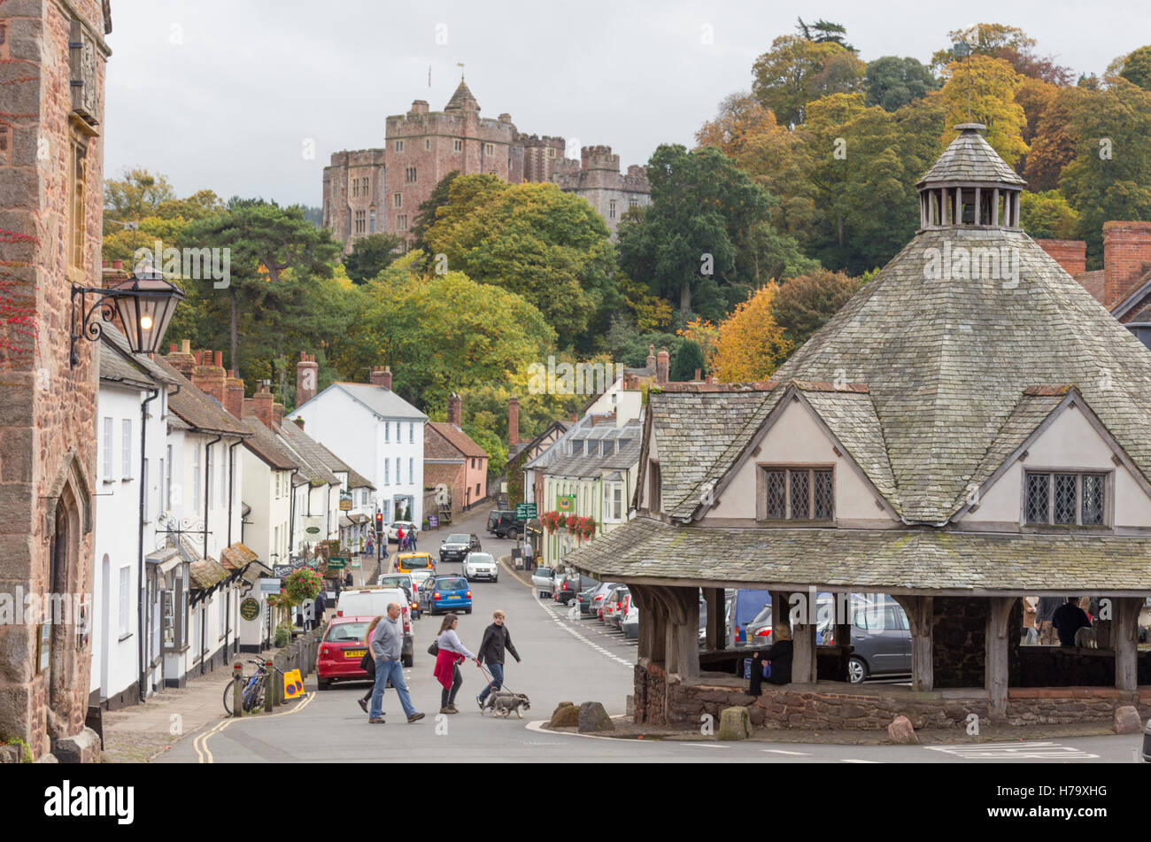 The High Street of Dunster village and Yarn Market overlooked by