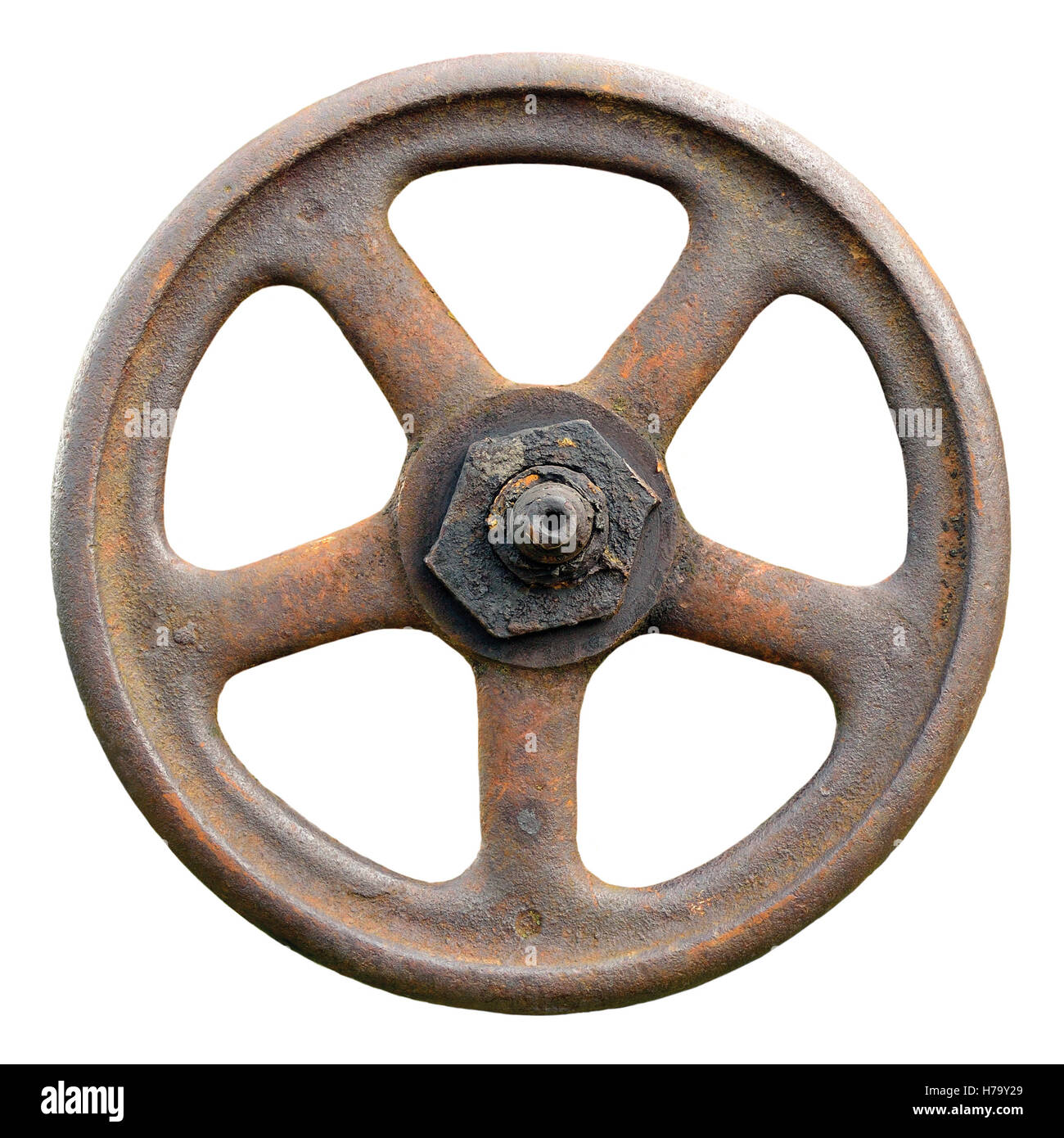 Industrial Valve Wheel And Rust Stem, Old Aged Weathered Rusty Grunge Latch Macro Closeup Isolated Stock Photo