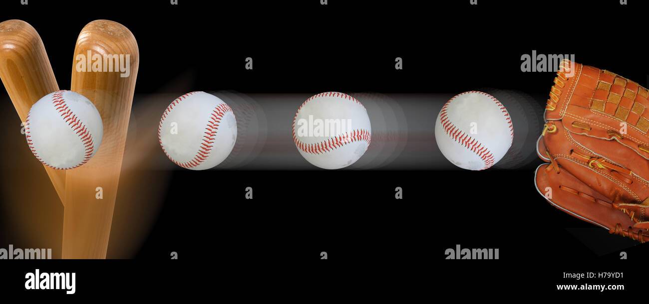 Fast baseball flying in with speed to baseball bat. Stock Photo