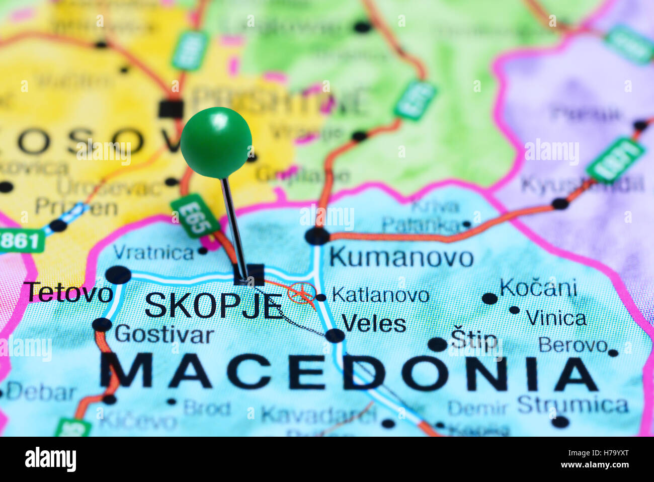 Skopje pinned on a map of Macedonia Stock Photo