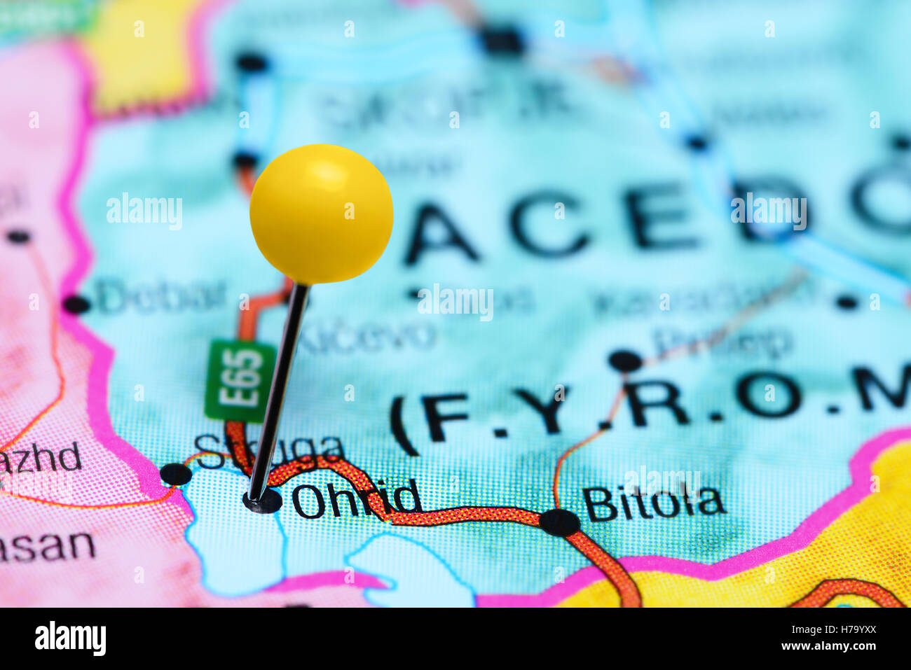 Ohrid pinned on a map of Macedonia Stock Photo