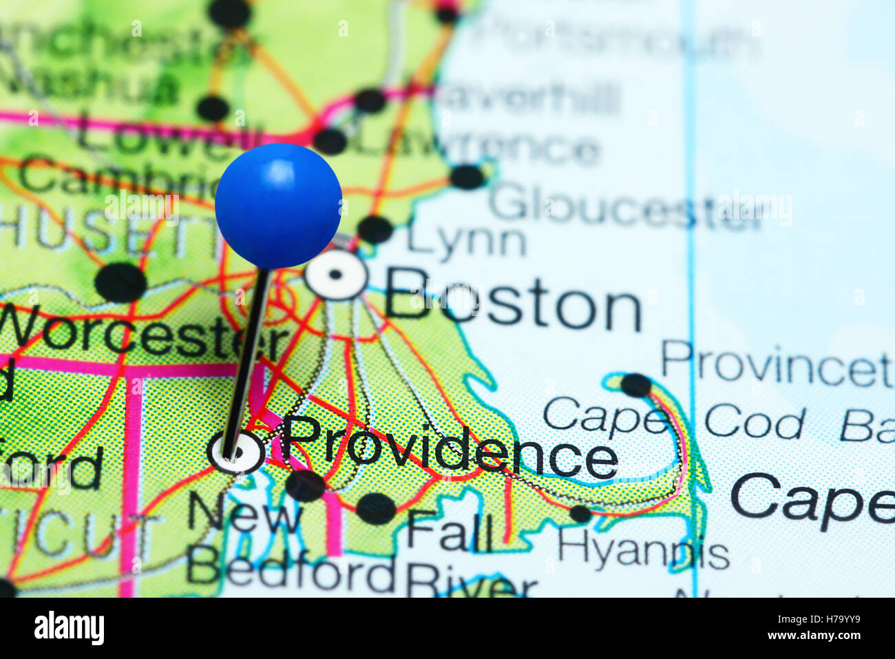 Providence pinned on a map of Rhode Island, USA Stock Photo