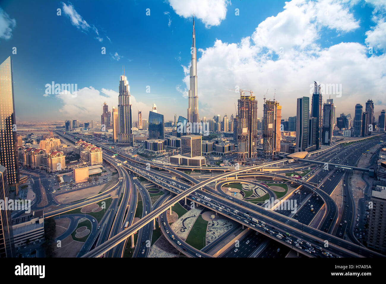 Dubai skyline with beautiful city close to it's busiest highway on traffic Stock Photo