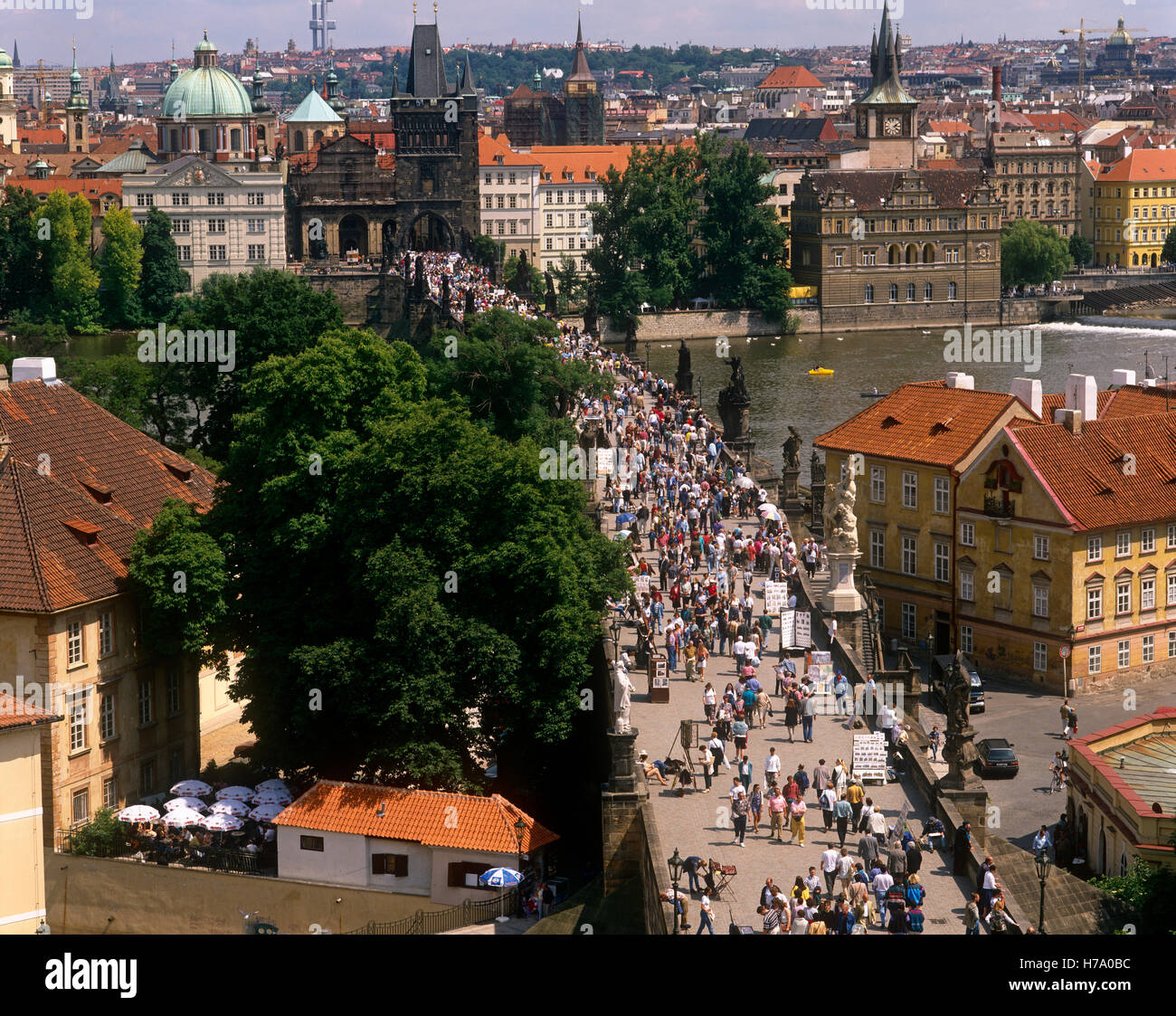 Tourists on Charles Bridge, Prague, Czech Republic. Stock Photo