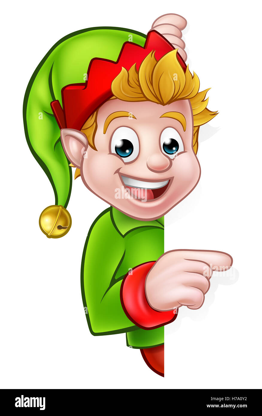 A cute cartoon Christmas elf peeping around sign and pointing Stock Photo