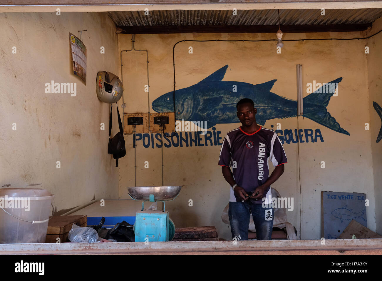 Rural electrification and solar energy in sub-Saharan Africa. -  10/03/2016  -    -  Djigouera, Kenegoudou (Burkina), March 10th, 2016: Adama Traore in his fish shop. His SHS's kit (Solar Home System) give him enough electricity to keep his fishes and drinks fresh, or to charge cellphones.    -  Nicolas Remene / Le Pictorium Stock Photo
