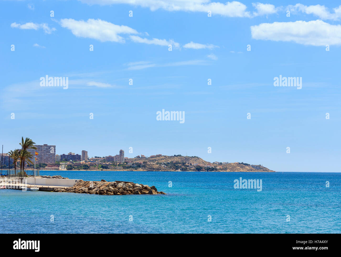Benidorm city coast summer view and pier (Costa Blanca, Alicante, Spain). Stock Photo