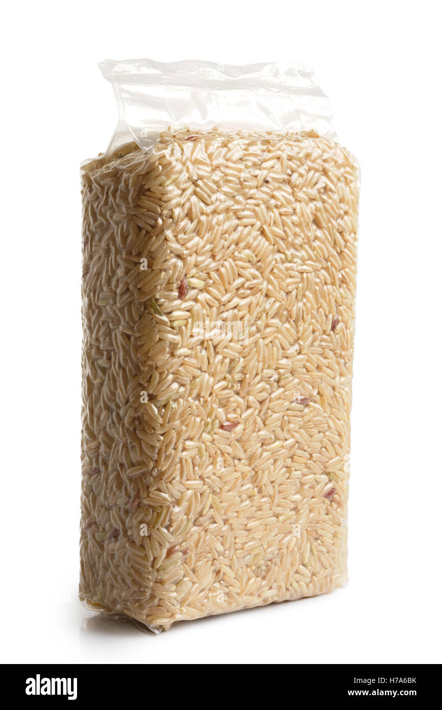 Vacuum packed long grain brown rice isolated on white Stock Photo Alamy