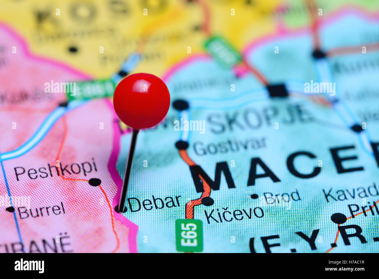 Debar pinned on a map of Macedonia Stock Photo