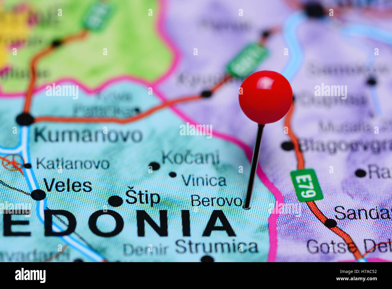 Berovo pinned on a map of Macedonia Stock Photo