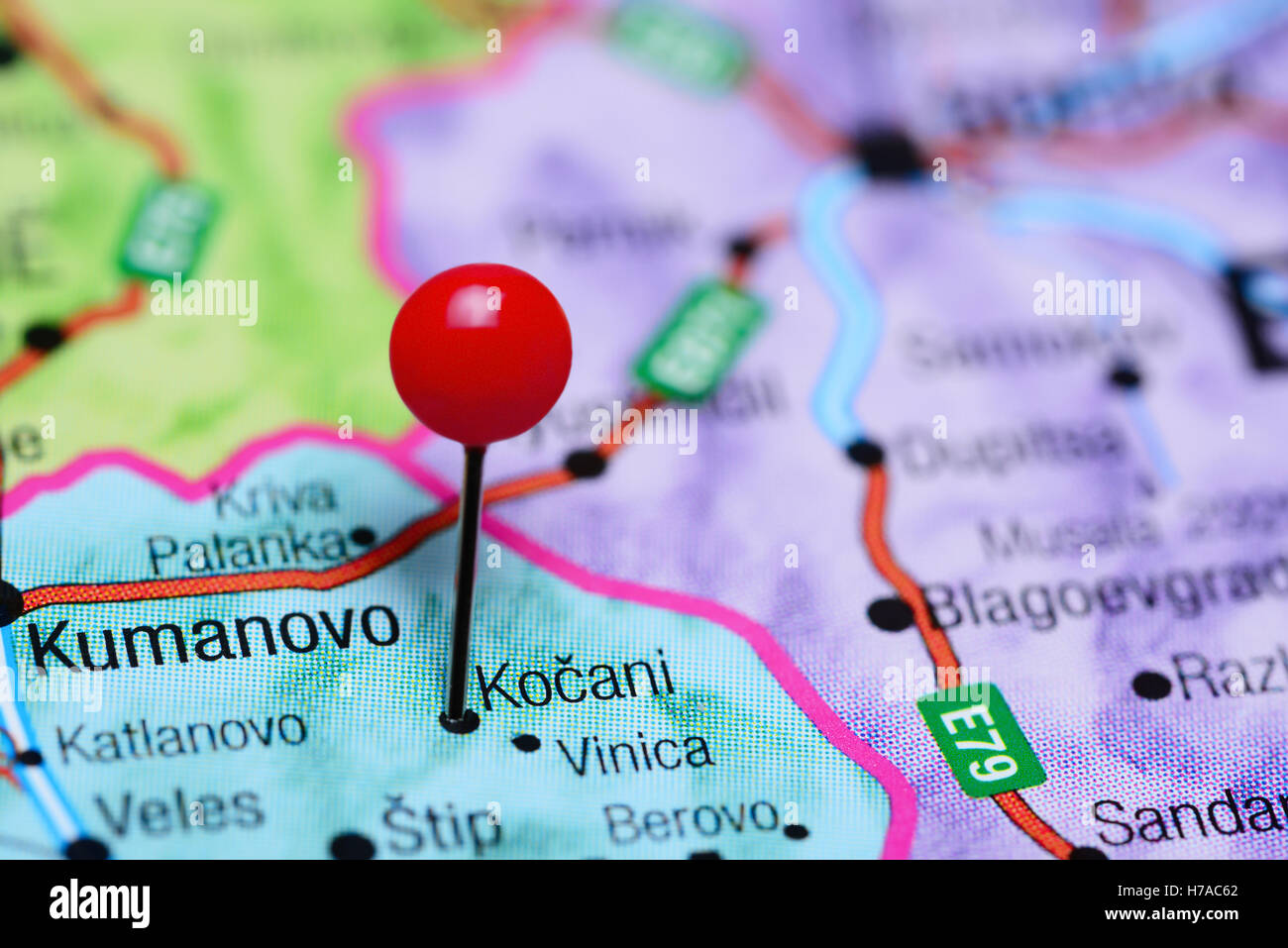 Kocani pinned on a map of Macedonia Stock Photo
