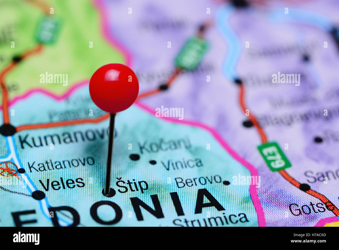 Stip pinned on a map of Macedonia Stock Photo