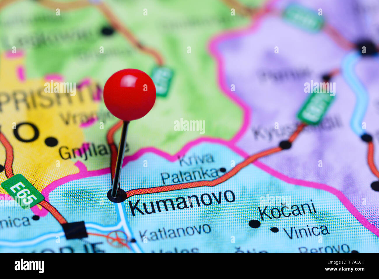 Kumanovo pinned on a map of Macedonia Stock Photo