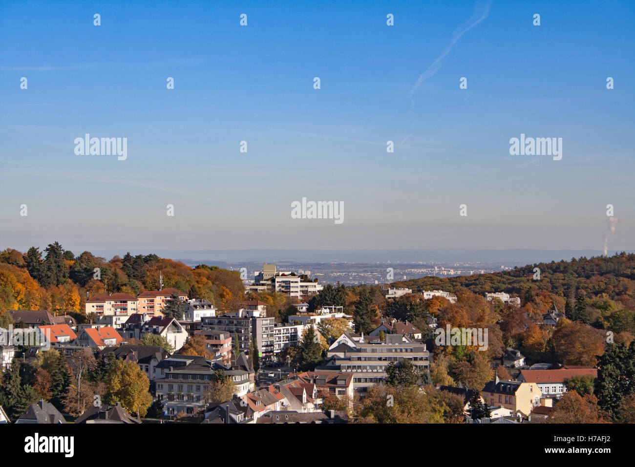 View from the castle ruin Koenigstein to the autumnal Rhein Main Ebene, Hesse, Germany Stock Photo