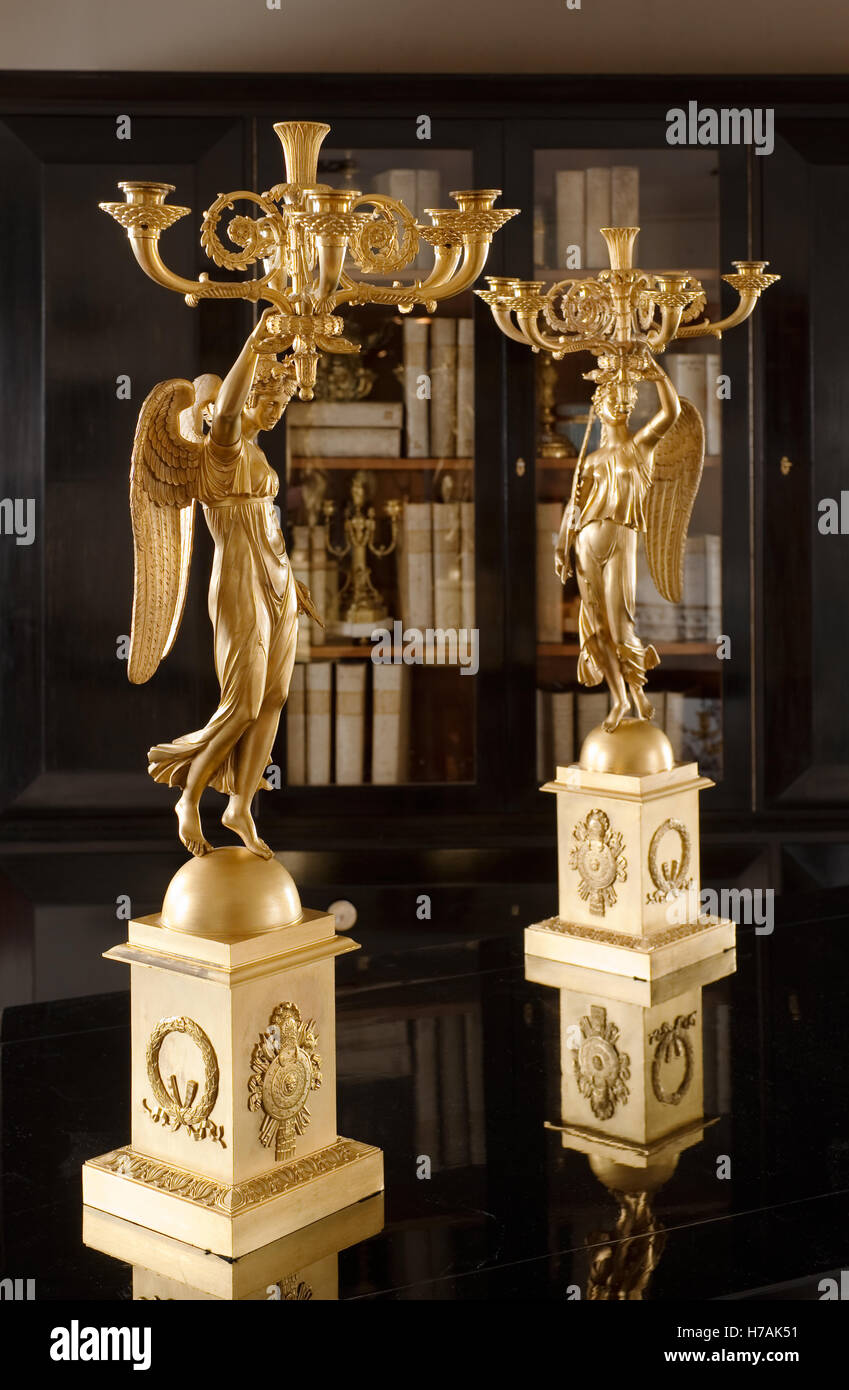 Pair of large ormolu figural candelabra of winged classical women, French, Charles X, Guinevere's antique shop on Kings Road, Stock Photo
