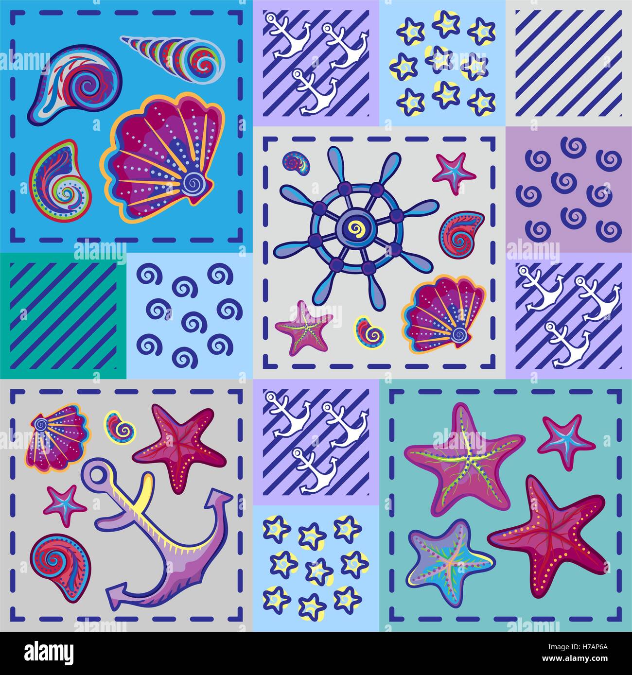 Seamless marine pattern in patchwork style with shells starfish wheel ...