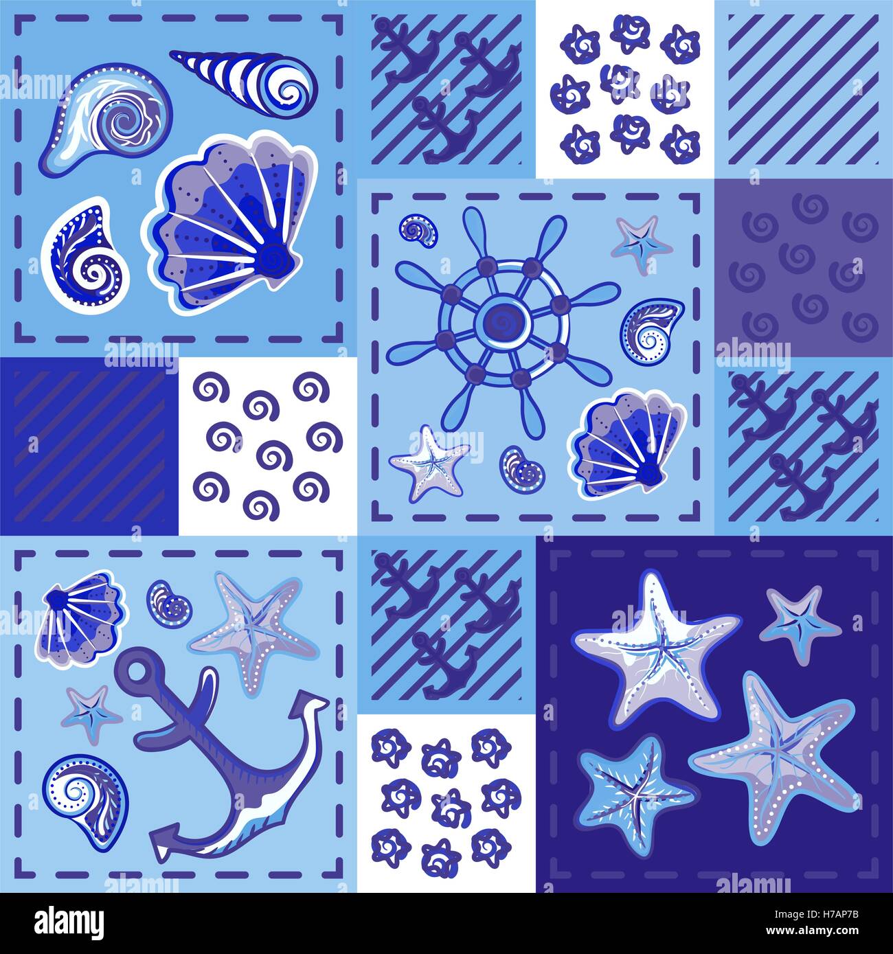 Seamless marine pattern in patchwork style with shells starfish wheel ...