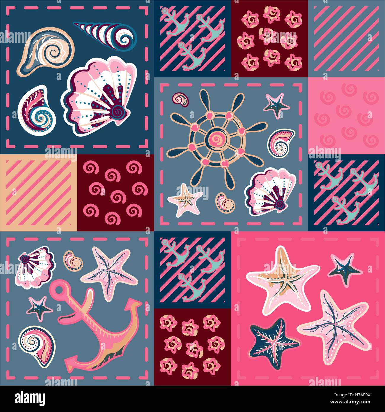 Nautical marine patchwork seamless pattern with shells, starfish ...