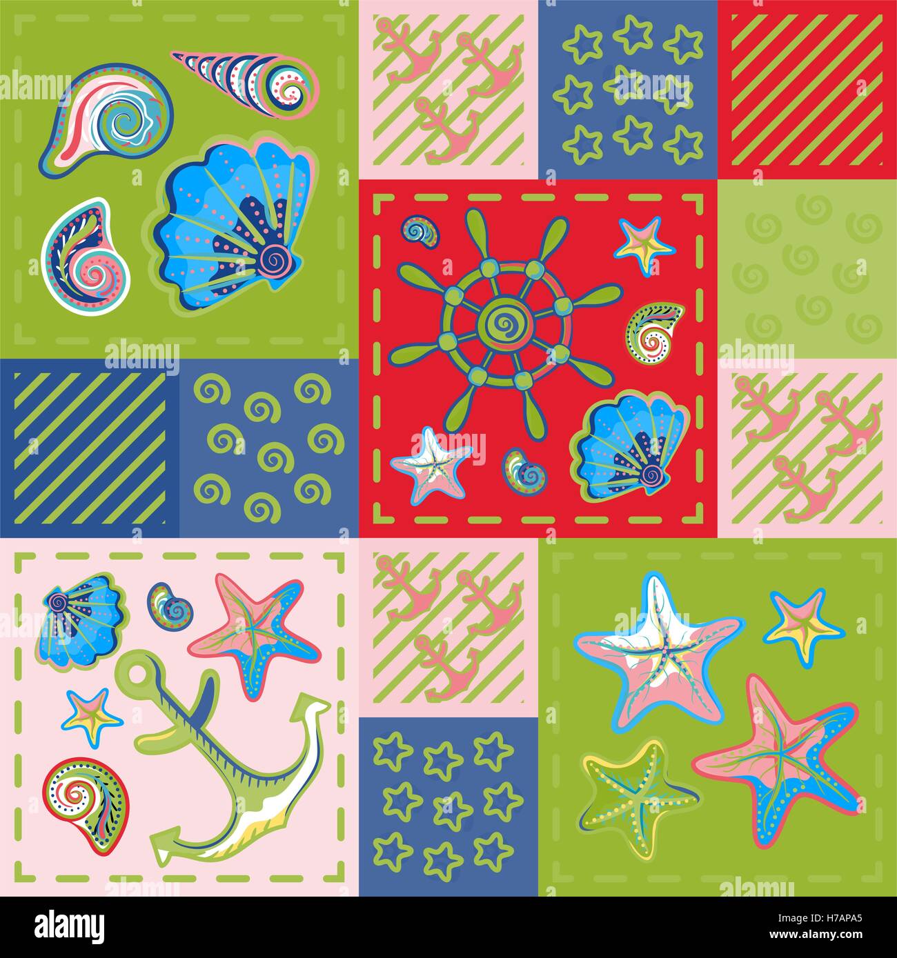 Nautical marine patchwork seamless pattern with shells, starfish ...