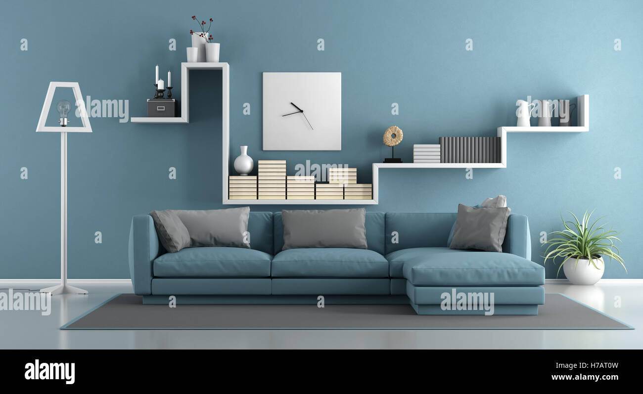 Blue living room with sofa and shelf - 3d rendering Stock Photo - Alamy