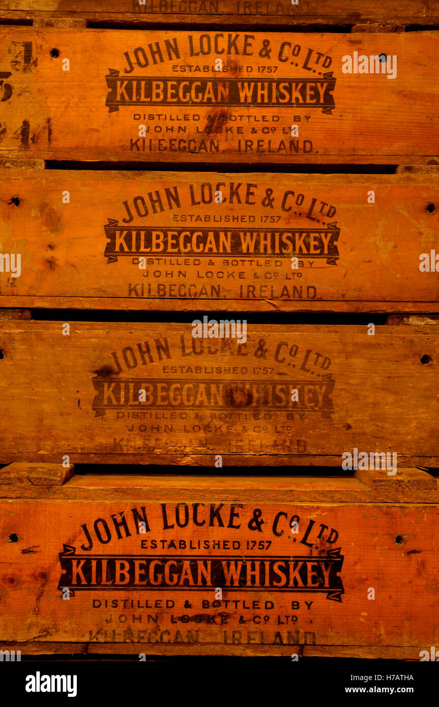 Kilbeggan Whiskey wooden cases, John Locke & Co, Kilbeggan, Westmeath, Ireland. Stock Photo