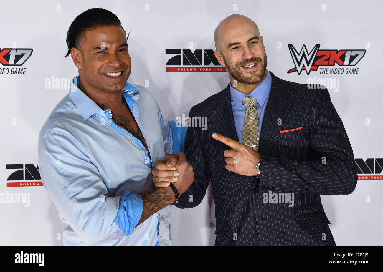 Munich, Germany. 3rd Nov, 2016. Former soccer player Tim Wiese (l) aka. 'The  Machine' and wrestler 'Cesaro' arriving for the Wrestling event at the  Olympiahalle in Munich, Germany, 3 November 2016. Former